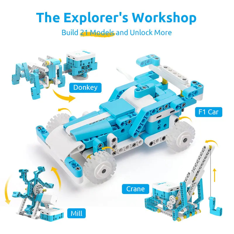 WhalesBot D1公式の組み立て例。ロバ、F1カー、ミル、クレーン
