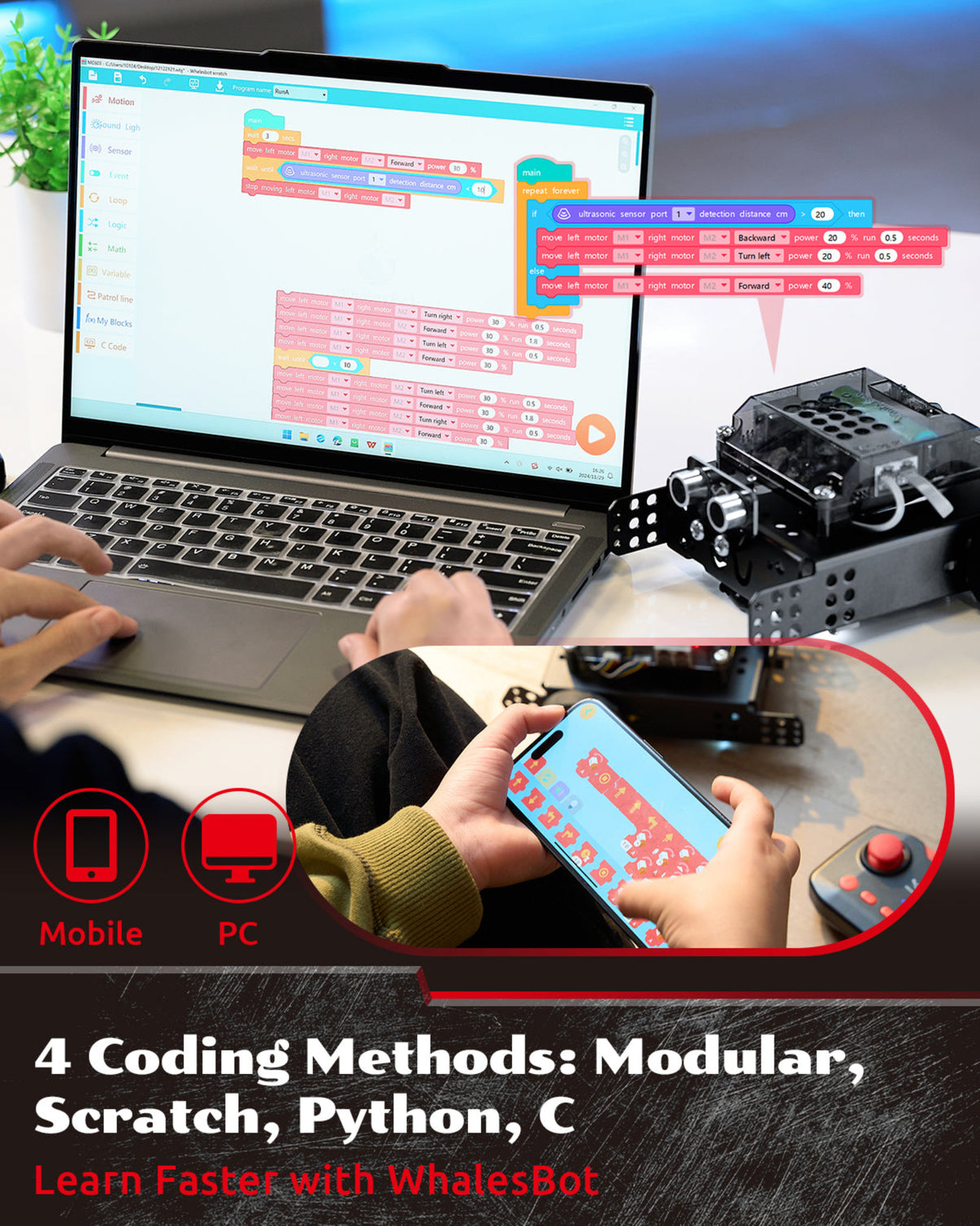 WhalesBot Rocky|Educational Coding Robot Car Kit 【APP & PC Coding】